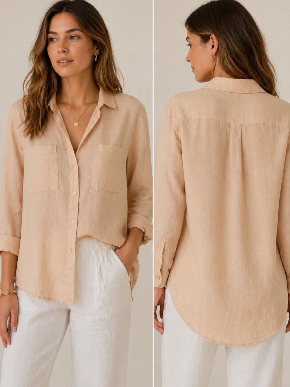 Repeat 100% Linen Button-Up Shirt Clay Oversized Hi-Low Hem M
